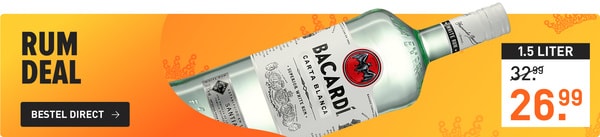 Rum deal: 1,5 liter bacardi carta blanca van &euro;32.99 nu voor &euro;26.99
